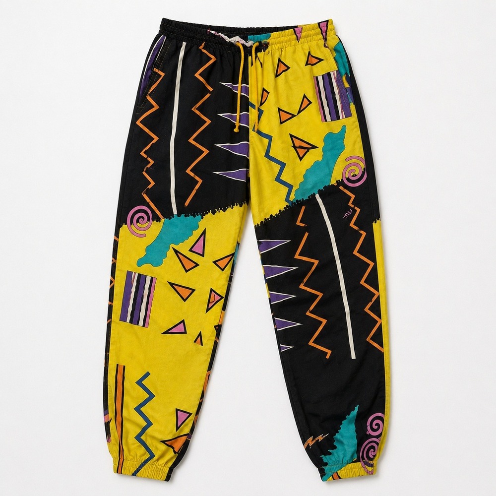 Rare Vtg Fila 90s Abstract Cotton Pants Jogger Yellow Black Mens Memphis Funk XL